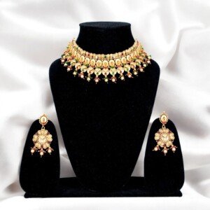 Gold Plated Necklace Set - Maroon & Green
