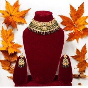 Gold Plated Antique Necklace Choker Set - Green