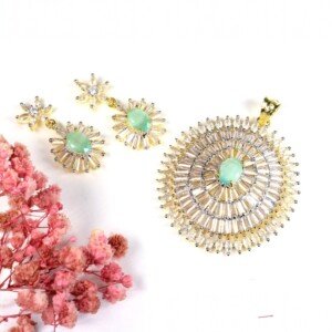 AD (American Diamond) - Golden Mint Green Pendant Set