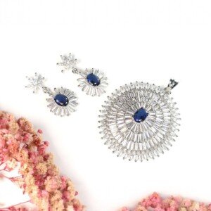 AD (American Diamond) - Silver Navy Blue Pendant Set